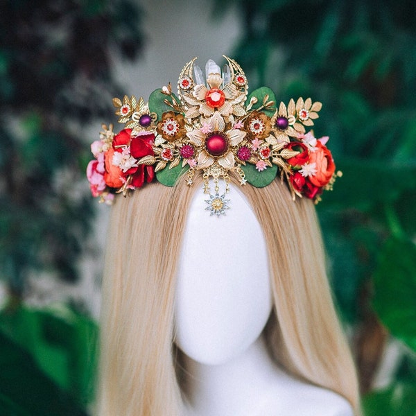 Red Flower Crown Flower Tiara Celestial Gold Wedding Tiara Headpiece Headband Fairy Halo Red Flower Wedding Crown Boho bride Crystal Crown