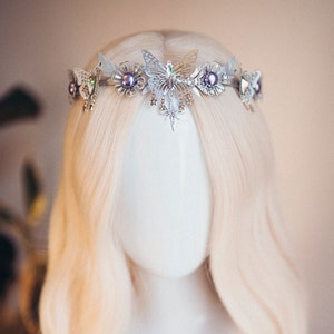 Silver crown with lavender rhinestones, Butterfly crown, Butterfly headpiece, Wedding crown, Bridal headpiece, Fairy crown