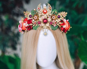 Red Flower Crown Flower Tiara Celestial Gold Wedding Tiara Headpiece Headband Fairy Halo Red Flower Wedding Crown Boho bride Crystal Crown