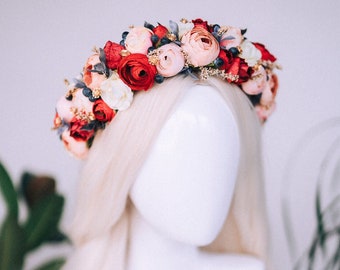 Red flower crown, Greenery flower crown, Flower hair wreath, Wedding crown, Bridal crown, Flower crown, Flower headband, Boho style crown