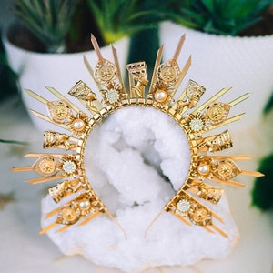 Couronne de halo égyptienne, casque Cléopâtre en or, accessoires de festival, costume de carnaval, couronne de déesse du soleil, bijoux égyptiens faits main