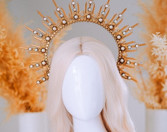 ゴールドパールハロークラウン女神ヘッドピース天体ウェディングフェスティバルステートメントクラウン