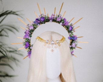 Couronne de halo de fleurs violettes, couronne violette, couronne de fleurs violettes, couronne de halo d'or, couronne de déesse, bandeau de fleurs, casque de fleurs, diadème