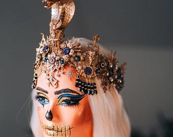 Cleopatra Black AB Cobra Crown Gold Egyptian Headpiece Goddess Accessory