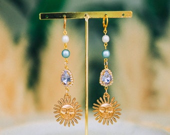 Star earrings Festival earrings Gold earrings Summer earrings Gold jewellery Wedding accessories Blue earrings Pearl earrings Boho style