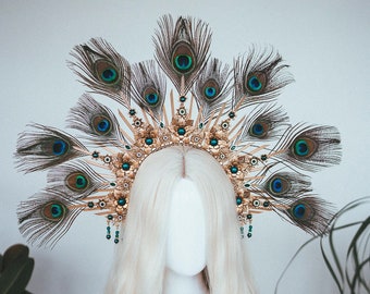 Couronne de halo de paon, casque de halo d'or, costume d'Halloween, phares de halo, couronne de mariage, casque burlesque, plume de paon, carnaval