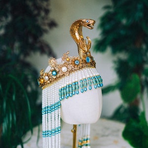 Couronne turquoise Cléopâtre, Couronne de perles d&#39;Égypte, Couronne de la fête de l&#39;or, Coiffe de carnaval, Couronne de costume de luxe, Couronne Cléopâtre de Mardi Gras