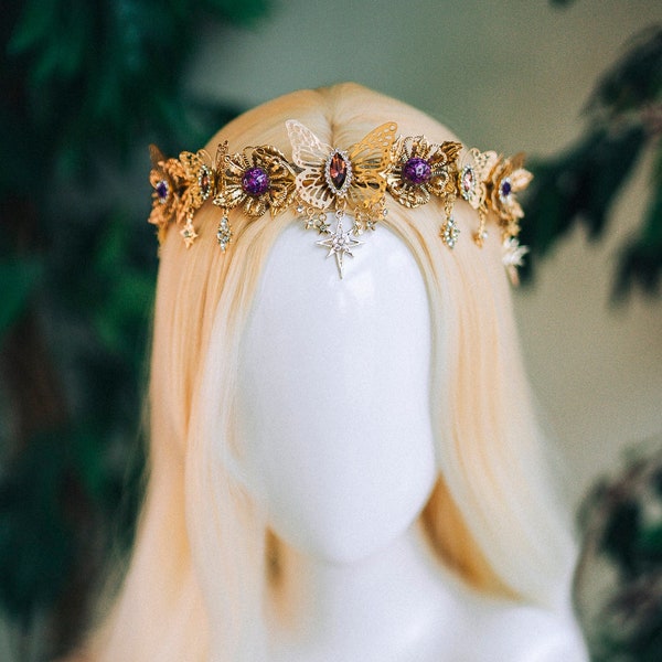 Gold crown with purple rhinestones, Butterfly crown, Butterfly headpiece, Wedding crown, Bridal headpiece, Fairy crown, Goddess