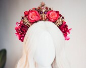 Flower Crown, Red Flower Crown, Flower Headpiece, Sugar Skull, Halloween Crown, Headband, Headpiece, Halloween make up, Skull Flowers