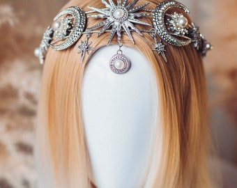 Silver Celestial Moon Sun Crown Pearl Embellished Bridal Goddess Headpiece