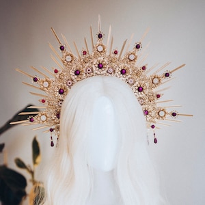 Gold Halo Crown, Halo Headpiece, Festival crown, Festival headpiece, Burgundy Halo, Wedding Crown, Halo crown, Boho Wedding, Halo Headband