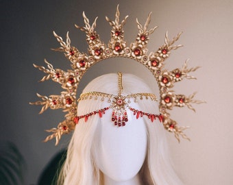 Flames Halo Crown Gold Headlights Headband Headpiece Fiery tiara Flamingos crown Photo Props Flames Halo Red Crown Photo Props Red Tiara