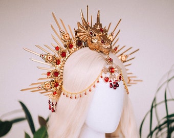 Chinese New Year, Red dragon crown, Flower headband, Flower headpiece, Dracarys, Halloween costume, Year of the Wood Dragon, Dragon headband