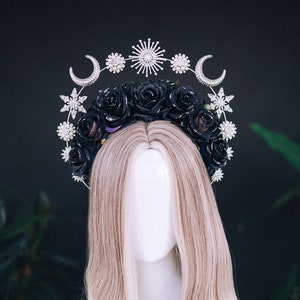 Black roses crown, Silver halo crown, Black roses halo crown, Halloween costume, Flower crown, Black flower crown, Moon crown, Black crown