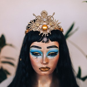 Diadème de Cléopâtre Sunburst, casque de déesse égyptienne, couronne or, déguisement de festival, accessoire de mardi gras, diadème de carnaval, couronne