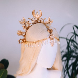 Couronne de Cléopâtre, casque égyptien, couronne de la fête de l&#39;or, halo bohème chic, casque de mariée, costume de carnaval, bijoux égyptiens élégants