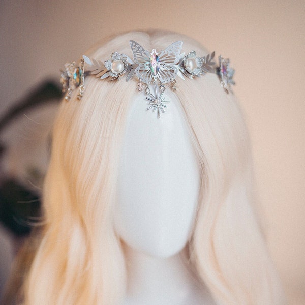 Couronne de lune, Couronne d’enfant de lune, Céleste, Tiare d’argent, Coiffe papillon, Bandeau, Phares Halo, Tiare de festival, Couronne de mariage, Boho