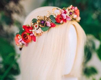 Red Flower Crown Flower Tiara Celestial Gold Wedding Tiara Headpiece Headband Fairy Halo Red Flower Hair Wreath Wedding Crown Boho Bride
