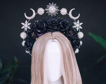 Black roses crown, Silver halo crown, Black roses halo crown, Halloween costume, Flower crown, Black flower crown, Moon crown, Black crown