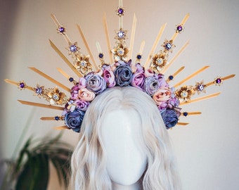 Flower Halo Crown Halo Headpiece Halo Headlights Flower Crown Celestial Headpiece Pregnancy Photo Goddess Purple Flowers