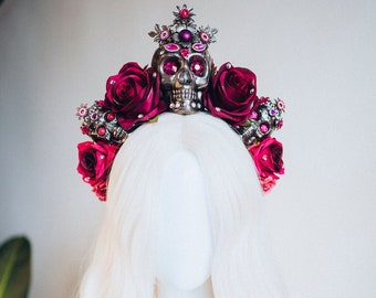 Couronne de fleurs de Bourgogne, couronne de halo d'or, couronne de La Catrina, bandeau d'Halloween, costume d'Halloween, casque d'Halloween, casque de fleur