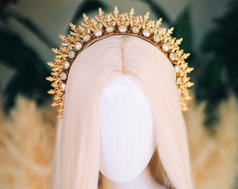 Golden Pearl Crown Celestial Bridal Headpiece Goddess Tiara Fantasy Halo Crown