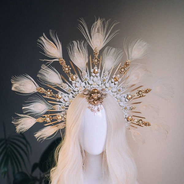 Angel halo crown, Gold halo headpiece, Angel crow, Halloween costume, Halo headlights, Wedding Crown, Burlesque headpiece, Peacock feather