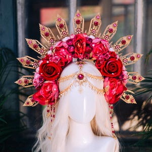 Radiant Pink Red Crown, Flower Halo Crown, Rose Festival Headpiece, Bridal Flower Crown, Fantasy Costume Crown, Handmade Goddess Halo
