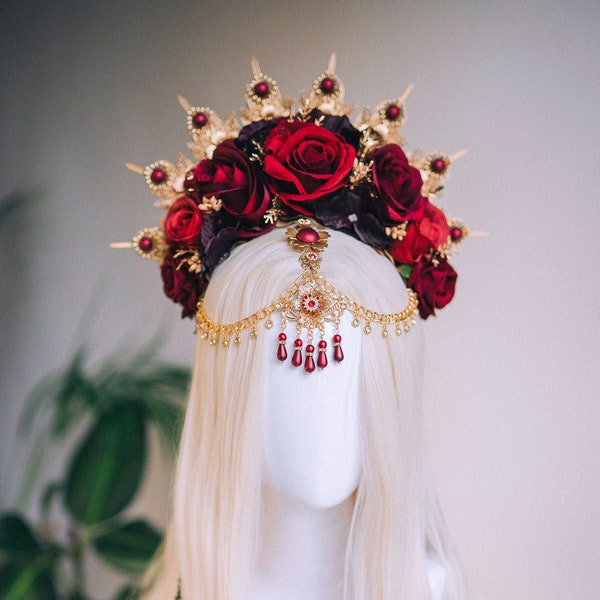 Flower Halo Crown, Halo Headpiece, Halo Crown, Halo Headlights, Flower Crown, Celestial, Headpiece, Pregnancy Photo, Goddess, Red Roses