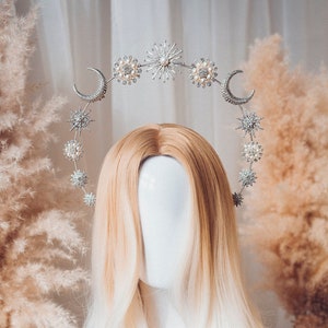 Bride Halo Crown Wedding Halo Headband Halo Headlights Moon Child Silver Halo Headpiece Stars Crown Headband Festival bride