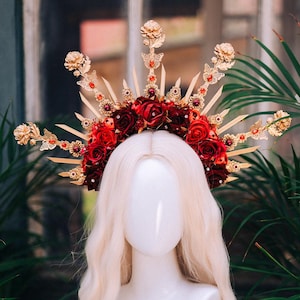 Red Rose Halo Crown,Gold Flower Crown,Floral Halo Headpiece,Wedding Crown,Festival Headpiece,Bridal Flower Tiara,Goddess Halo Crown