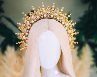 Or halo couronne Festival casque mariage diadème mariée casque fleur couronne Halo bandeau bijoux Halloween accessoires fée couronne