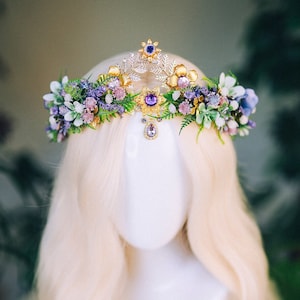 Lavender Flower Crown Flower Tiara Celestial Gold Wedding Headpiece Headband Fairy Eleven Flower Wedding Crown Boho Bride Crystal Crown