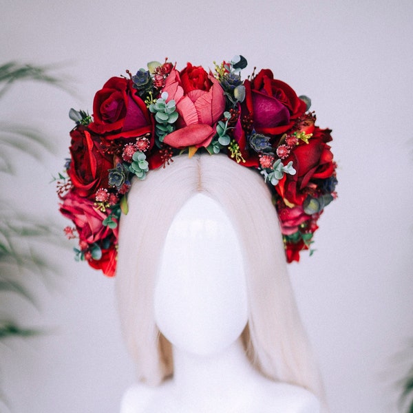 Flower Crown, Red Flower Crown, Flower Headpiece, Floral Crown, Tropical Crown, Crown, Headband, Headpiece, Pregnancy Photo, Goddess crown
