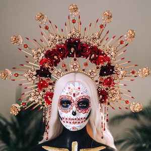 La Catrina Crown, Gold Flower Crown, Dia De Los Muertos Headpiece, Red Burgundy Flower Crown, Gothic Festival Tiara, Halloween Costume Crown