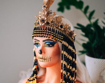 Couronne Cléopâtre Noire, Coiffe de Reine Égyptienne, Couronne Cléopâtre à Rideau de Perles, Couronne de Pharaon, Costume Égypte Antique