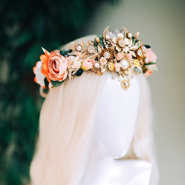 Couronne de fleurs orange, diadème de fleurs, diadème elfique, couronne de mariage, couronne de mariée, accessoires pour cheveux Boho, couronne de cristal, casque de mariage, fée