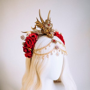 Drachen Königin Krone, Game Of Thrones Tiara, Gold Drachen Kopfschmuck, Rote Rosen Krone, Daenerys Kostüm, Fantasy Königin Tiara, Halloween Kopfschmuck