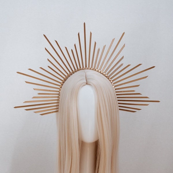 Corona de halo con bridas doradas, tocado de diosa, halo radiante