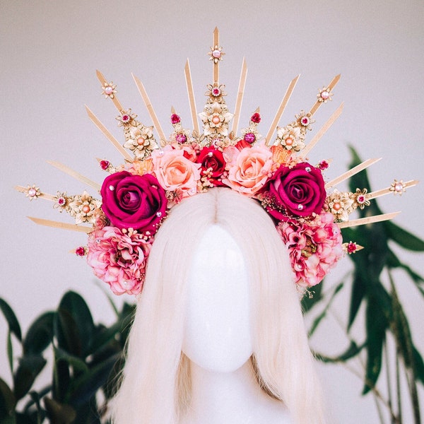 Flower halo crown, Red flower crown, Goddess headpiece, Wedding crown, Bridal headpiece, Gold crown, Gold halo crown, Flower crown, Boho