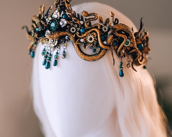Medusa Gold Snake Crown Green Crystal Goddess Headpiece Mythical Costume Halo