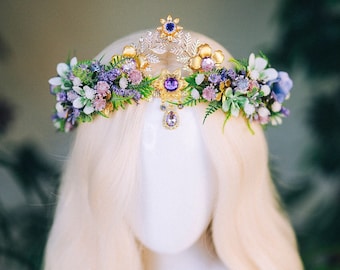 Lavender Flower Crown Flower Tiara Celestial Gold Wedding Headpiece Headband Fairy Eleven Flower Wedding Crown Boho Bride Crystal Crown