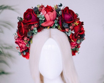 Flower Crown, Red Flower Crown, Flower Headpiece, Floral Crown, Tropical Crown, Crown, Headband, Headpiece, Pregnancy Photo, Goddess crown