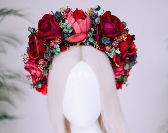 Red Floral Halo Crown Wedding Headpiece Romantic Rose Goddess Flower Tiara
