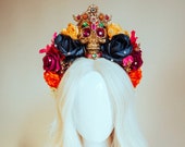Flower Crown Colourful Flower Crown Headpiece Sugar Skull Halloween Crown Headband Headpiece Halloween make up Skull Flowers