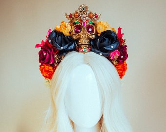 Golden Skull Crown, Day of the Dead, Dia de los Muertos Headpiece, La Catrina Tiara, Sugar Skull Flower Crown, Halloween, Festival, Carnival