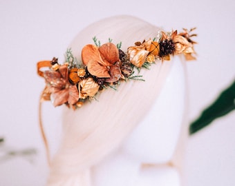 Diadema navideña con flores de cobre - Tiara de boda de invierno