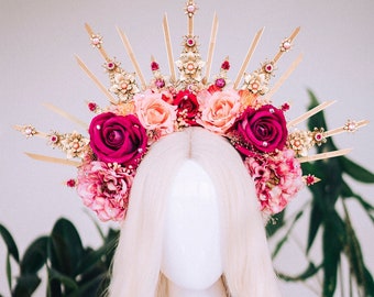 Flower halo crown, Red flower crown, Goddess headpiece, Wedding crown, Bridal headpiece, Gold crown, Gold halo crown, Flower crown, Boho