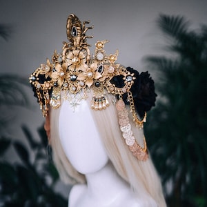 Scorpio Zodiac Tiara Gold Black Celestial Goddess Headpiece Astrology Birthday Crown