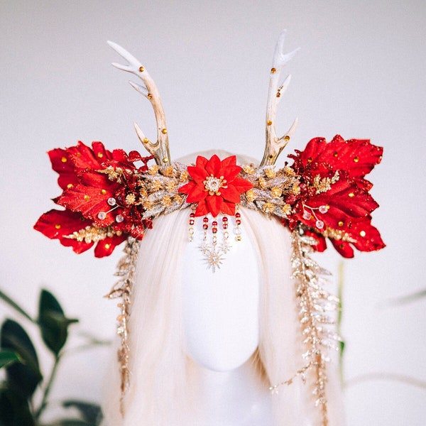 Bandeau d’elfe de Noël, couronne de fleurs rouges, couronne de fête de Noël, bandeau de Noël, séance photo de Noël, couronne de fée, couronne de fleurs d’or